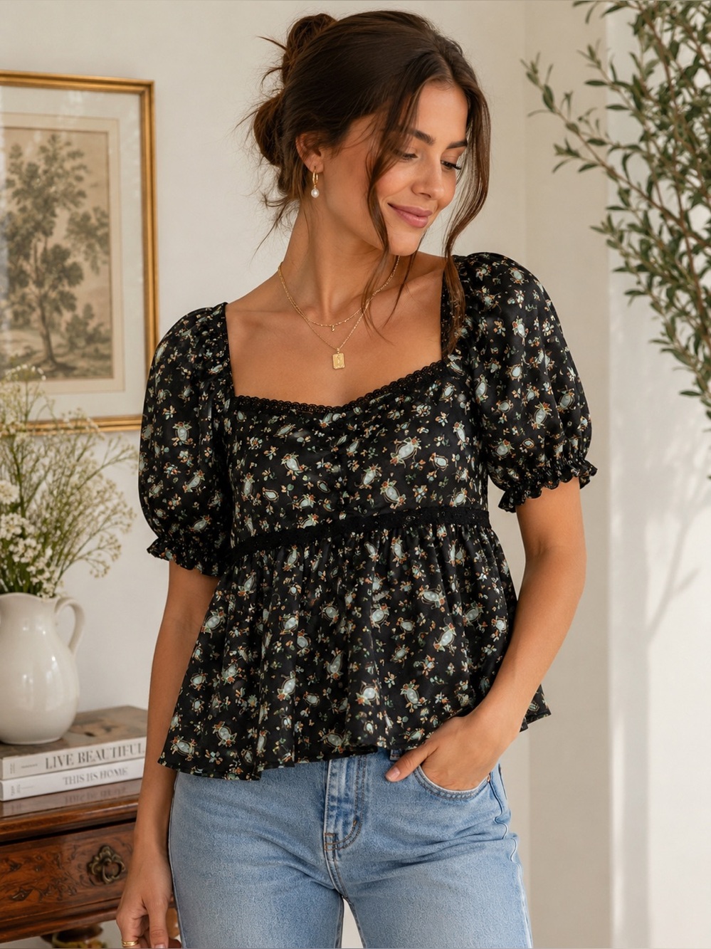 Love, Fire NWT Cottagecore Puff Sleeve Floral Paisley Peplum Top